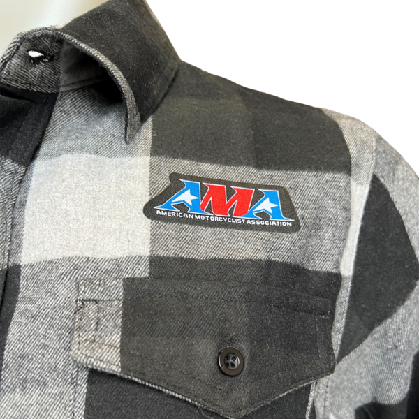 Close-up of patch on AMA Black and Grey Flannel